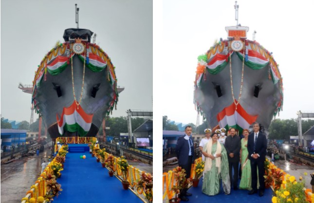 First of the four ships under Survey Vessel (Large) project for Indian Navy launched in the presence of Raksha Rajya Mantri at GRSE, Kolkata