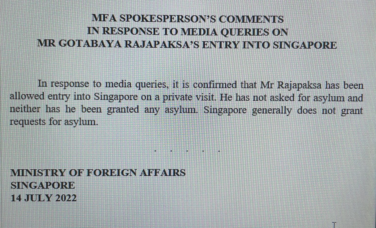 Sri Lankan President Rajapaksa allowed entry on ‘private visit’: Singapore govt
